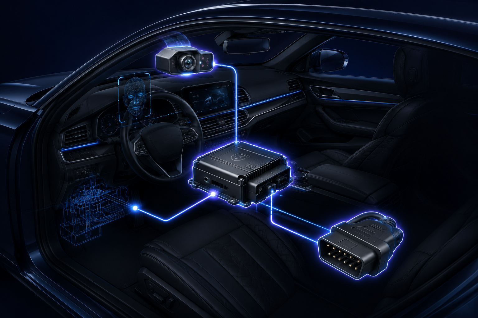 Hello Car system diagram showing camera, central control unit and OBD-II vehicle connection